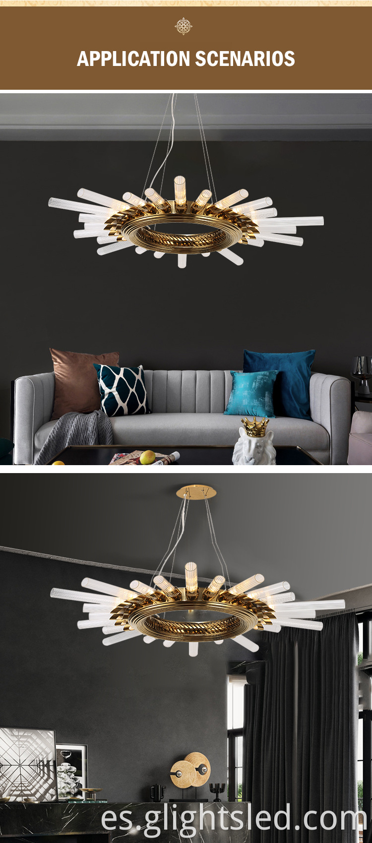 G-Lights Diseñador moderno Iluminación para el hogar Sala de estar Lámpara colgante de araña de cristal redonda con luz LED